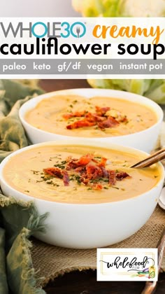 two white bowls filled with creamy soup and topped with bacon, parsley and cheese