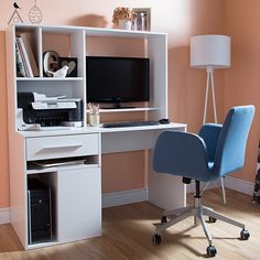 a white desk with a blue chair in front of it