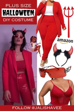 plus size halloween diy costume with devil horns and cats ears, plus size red cardigan