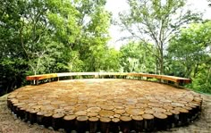 a circular bench made out of logs in the middle of a forest filled with trees