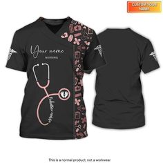 a black shirt with pink and white medical symbols on the front, along with an image of a nurse's stethoscope