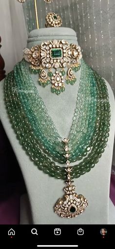 Polki Gold Jewellery, Green Beads Necklace Indian, Green Beads Indian Jewellery Gold, Gold Beads Necklace Indian, Satlada Necklace, Green Beads Indian Jewellery, Beads Jewelry Indian Gold, Uncut Diamond Necklace