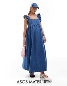 ASOS DESIGN Maternity soft denim smock maxi dress with bow back in midwash blue | ASOS Resort Maternity Wear, Pregnant Winter Outfits, Maternity Looks, Maternity Photoshoot Dress, Summer Maternity Fashion, Maternity Dresses For Baby Shower, Pregnancy Style, Maternity Dresses For Photoshoot, Maternity Outfits