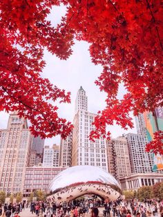 people are walking around in the city under red leaves