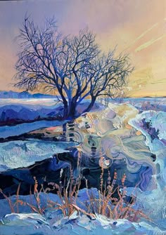 a painting of a tree in the middle of a field with snow and ice on it