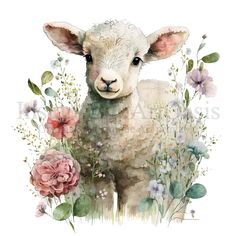 a watercolor painting of a sheep surrounded by flowers