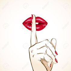 a woman's hand with red lipstick holding up her finger to the side and pointing it