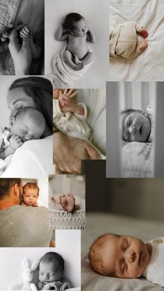 a collage of photos with babies and their moms in the middle one is sleeping