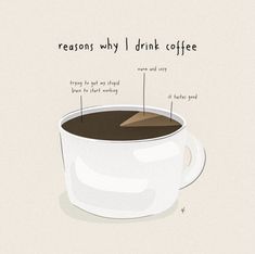 a cup of coffee with the words reason why drink coffee