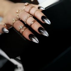 Halloween-inspired medium stiletto nails with ombre black and white design by Nail Room Studio Black Nails With 2 Accent Nails, Different Shades Of Black Nails, Gothic Nail Designs Ideas, Gothic Style Nails, Black Nails Ideas Stiletto, Wicca Nails Designs, Black To White Ombre Nails, Witchy Black Nails, Black Ombre Nails Coffin