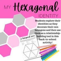 a poster with the words, my hexagonal identity and some colored pencils