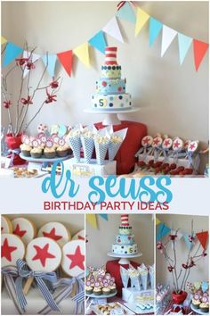 an image of a dr seuss birthday party with cake and cupcakes on the table