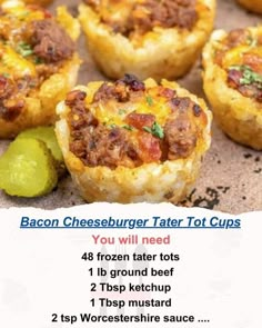 bacon cheeseburger tater tot cups recipe with instructions on the bottom and side