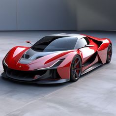 a red and black sports car is shown in this image