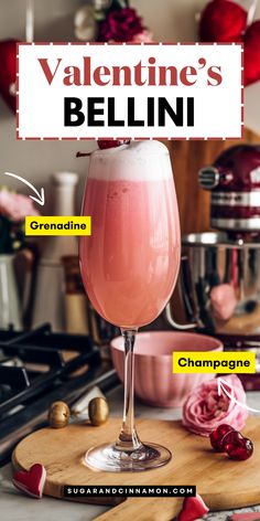 valentine's bellini recipe with ingredients labeled