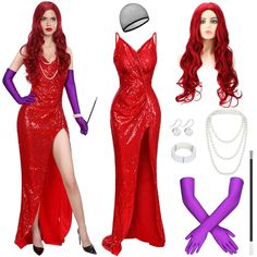 a woman in a red dress and purple gloves is standing next to two mannequins