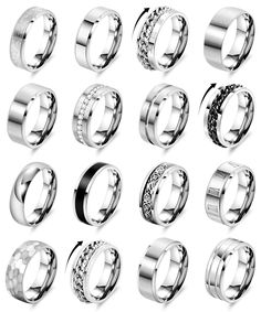 many different types of wedding rings with diamonds on the inside and outside, all in various sizes