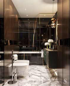 an elegant bathroom with marble floors and black walls, along with a white bathtub