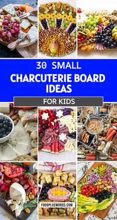 a collage of pictures with different types of food and words that read, 39 small charcuterie board ideas for kids