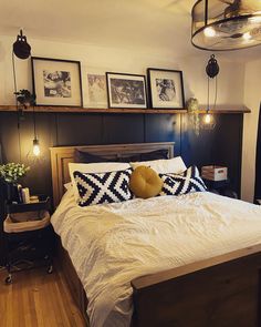 Wood panelling DIY result Modern Farmhouse Furniture Bedroom, Headboard Walls In Bedroom, Master Bedrooms Decor Cozy Accent Wall, Western Industrial Bedroom, Unique Wall Cabinets, Accent Wall With Sconces Bedroom, Accent Walls With Squares, Moody Bedroom Dark Ceiling, Wood Design Behind Bed