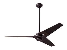 a ceiling fan with two black blades