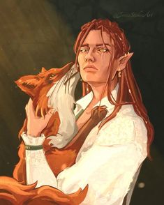 a man with long red hair holding a dog