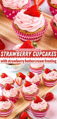 Strawberry Cupcakes with Strawberry Buttercream Frosting, summer desserts, cupcakes Enchanted Kitchen, Strawberries And Cream Cupcakes, Fruity Cakes, Strawberry Cupcake Recipes, Tasty Cupcakes, Strawberry Buttercream Frosting, Fruit Cupcakes, Cupcakes Recipes, Cream Cupcakes