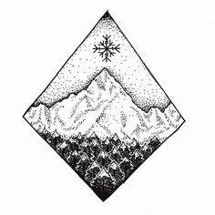 a black and white drawing of mountains with snowflakes