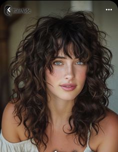 Medium Length Haircut For Curly Hair Natural Curls With Bangs, Body Perms For Medium Length Hair, Curly Shag With Curtain Bangs, Curly Shag With Bangs, Wise Wizard, Long Shag Hairstyles, Curly Shag Haircut, Natural Curly Hair Cuts