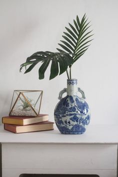 a blue and white vase sitting on top of a table next to a book with a plant in it