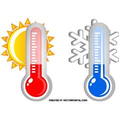 two thermometers with sun and snowflakes on white background, illustration