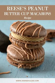 three chocolate peanut butter cup macarons stacked on top of each other