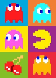 an image of pixel art with four different colors and two characters in the same style