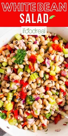 white bean salad in a bowl with the title above it