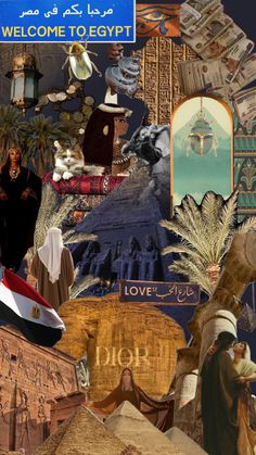 the collage is made up of many different pictures and words, including an egyptian flag