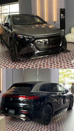 two different views of a black car parked in front of a white building with red checkered flooring