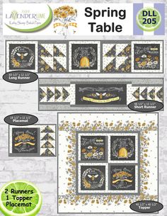 the spring table quilt pattern is shown in yellow and grey, with an image of flowers on