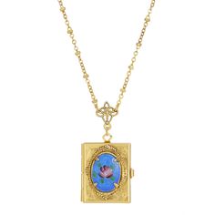 Blue  Floral Stone Rectangular 4 Way Locket Necklace 28 Inches Book Locket Necklace, Talisman Pendant, Book Locket, Jewelry Floral, Gold Book, 1928 Jewelry, Floral Decal, Heart Locket Necklace, Vintage Inspired Jewelry