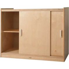 a wooden cabinet with two doors and shelves