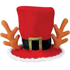 a red hat with reindeer antlers on it