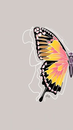 a yellow and black butterfly on a gray background with white outlines in the bottom corner