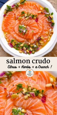 salmon and corn salad in a white bowl on a wooden table with the words salmon crudo above it