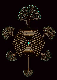 a maze with trees in the center on a black background