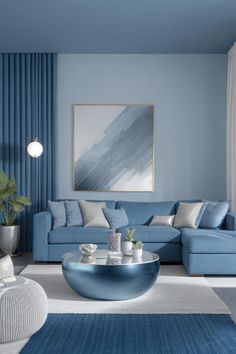 a living room with blue walls and white carpeted flooring is shown in this image