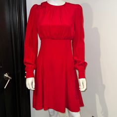 Dolce & Gabbana Size 44 Bright Red Dress Brand New W/Tags Gorgeous! Seam Rip In Seam Shown In Pictures. Red A-line Dress For Dinner, Classic Long Sleeve Cocktail Dress, Elegant Red A-line Dress, Red Silk A-line Midi Dress, Elegant Red Long Sleeve Mini Dress, Classic Long Sleeve Silk Dress, Red A-line Dinner Dress, Designer Red Silk Dress, Elegant Fitted Red Mini Dress