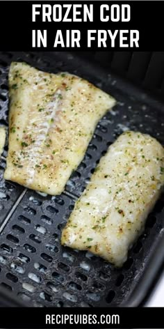 four pieces of frozen food cooking in an air fryer with text overlay that says frozen cob in air fryer