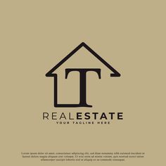 the real estate logo is shown in black and white on a beige background, with an arrow