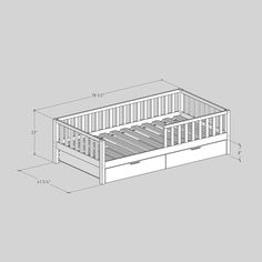 a drawing of a bed frame with drawers on the bottom and sides, in white