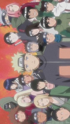 a group of people standing next to each other in front of a red background with the words naruto on it