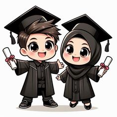 two children dressed in graduation gowns and holding diplomas with their arms around each other